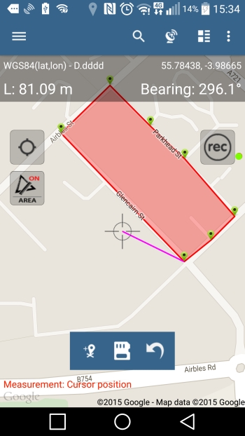 Measure area - ruler enabled (pink line on the map)